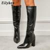Fashion Eilyken Black Serpentine Fashion Women Knee High Boots Sexy Pointed Toe Square Heels Ladies Long Boot Zipper Female Shoes