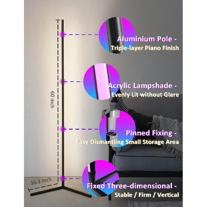 Corner Floor Lamp,60” Smart RGB LED Corner Lamp with App and Remote Control, Color Changing Ambience Light with Music Sync, Easy to Install, Led