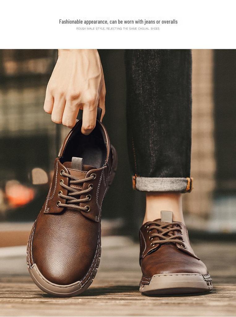 Men's Large Soft Sole Leather Driving Shoes - Hand-stitched Low-top Lace-up Autumn Casual Footwear