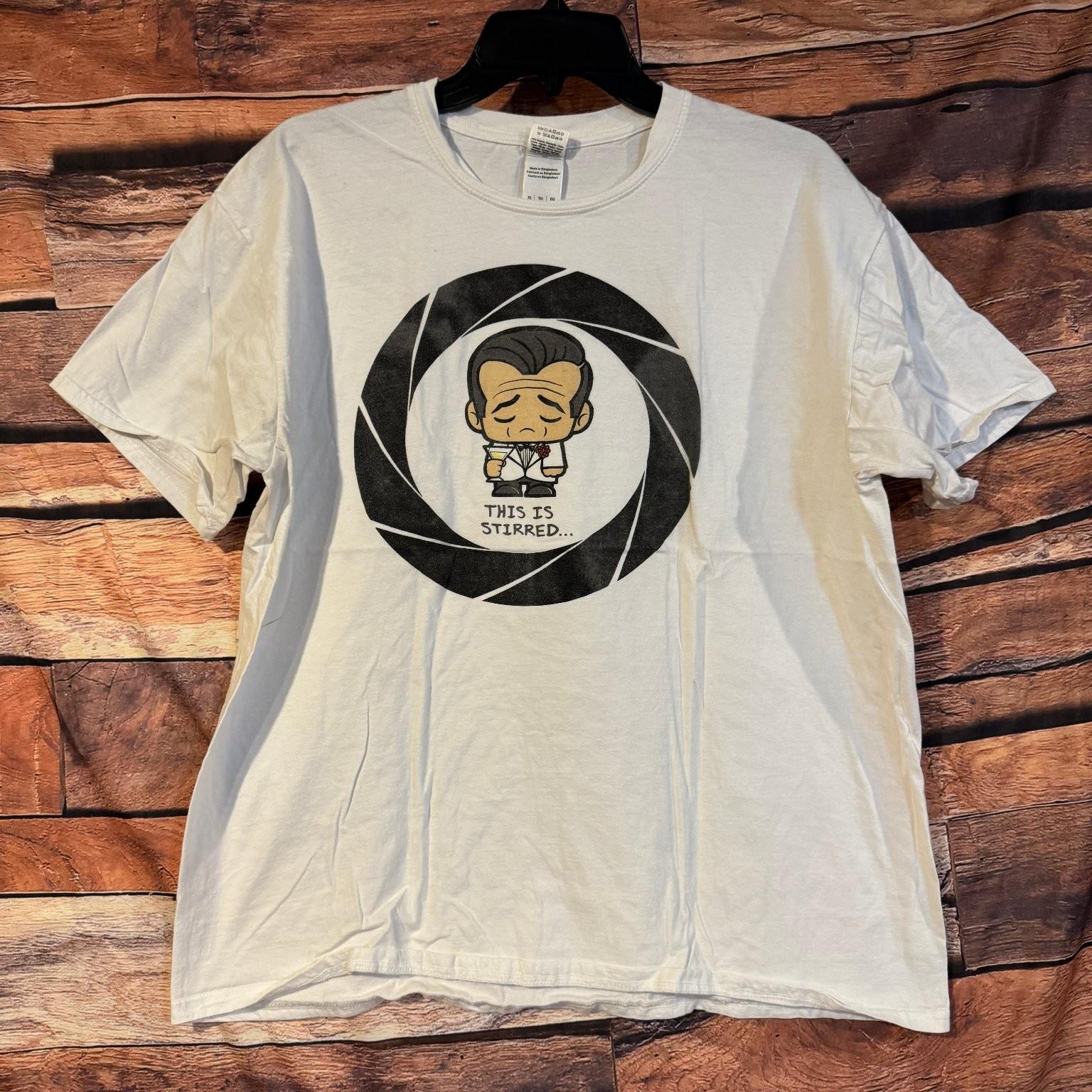 James Bond Stirred Not Shaken Mens XL White Funny 007 Parody Movie Tee Unisex T-Shirt S