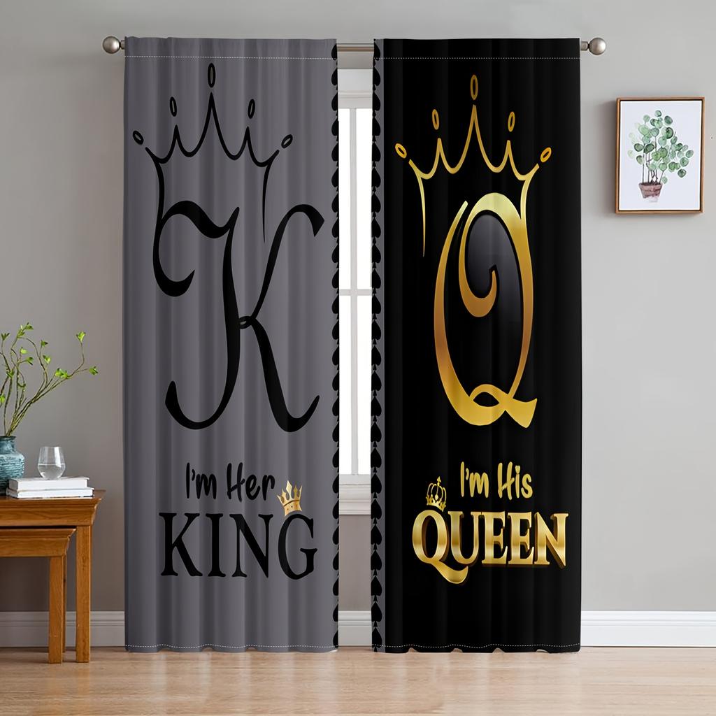 Set Of 2 Modern King Queen Black Text Gold Crown Curtains Abstract Art Design Living Room Decor Curtain For Made Polyester
