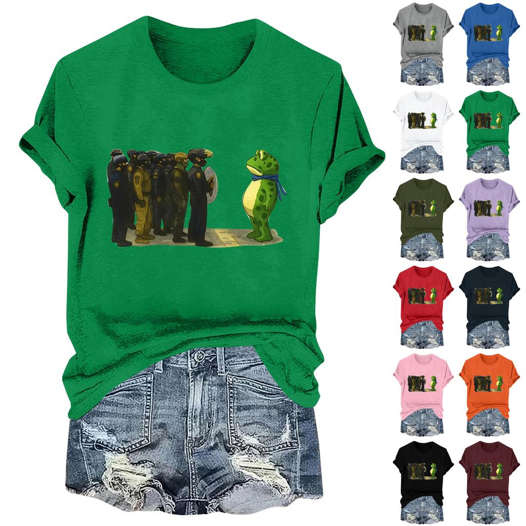 Women's Fashion Casual Printed Round Neck Short Sleeved Pullover T-Shirt Top