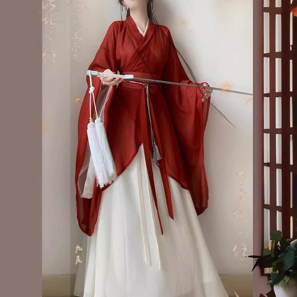 New Style Hanfu Female Wei Jin Style Big Sleeve Hand-in Collar Hanfu Suit Shaped Dress Shattered Dress Festival Play Dress
