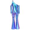 Womens Metallic Shiny Disco Flare Jumpsuit Sequin Tassels One Shoulder Long Sleeve Bell Bottoms Bodysuit