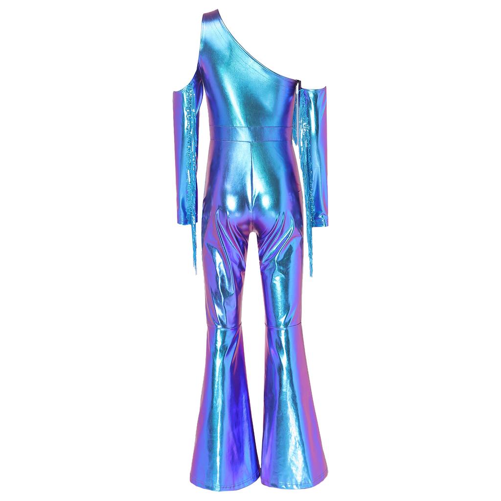 Womens Metallic Shiny Disco Flare Jumpsuit Sequin Tassels One Shoulder Long Sleeve Bell Bottoms Bodysuit