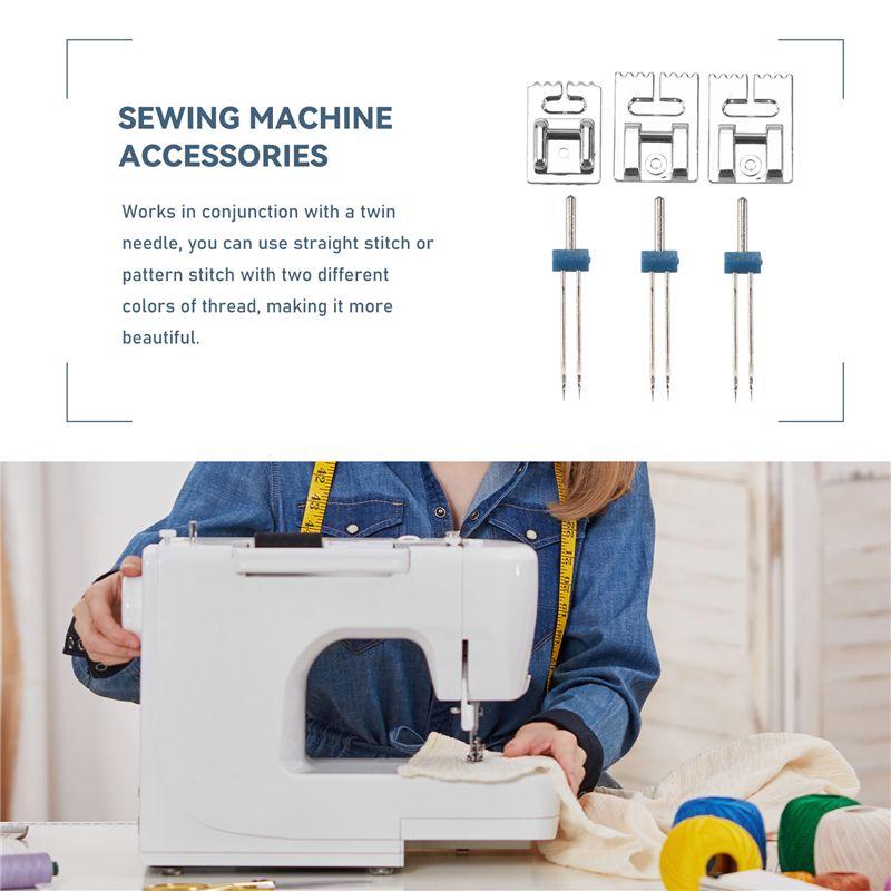Feb.3 Pcs Double Twin Needles Pins (3 Size Mixed 2.0/90 3.0/90 4.0/90) With 3Pcs Groove Pintuck Presser Foot Sewing Machine Acce