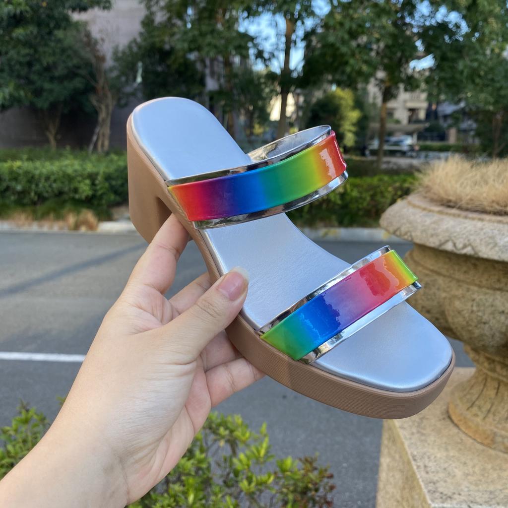 2025 European and American foreign trade new waterproof table high-heeled women's slippers color high-heeled one-word broadband open-toed sandals