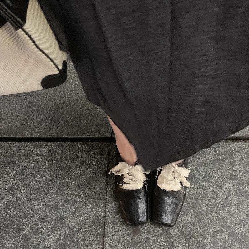 Heavy industry handmade retro literary square head small leather shoes ballet style thick heel front lace-up single shoes women's spring
