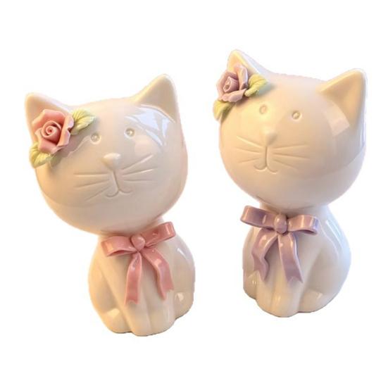 1/2Pcs Ceramic Bow Cat Figurine, Sitting Kitten Statue with Flower Decor, Mini Animal Desktop Ornament for Home Office