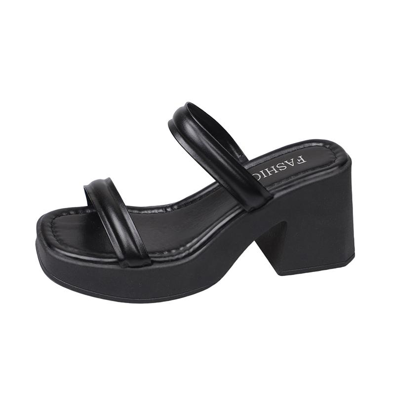 

Fashion High-heeled Slippers Fashion Square Head Open Toe Waterproof Platform Anti-slip Wear-resistant Square Heel Shoes 40 чёрный