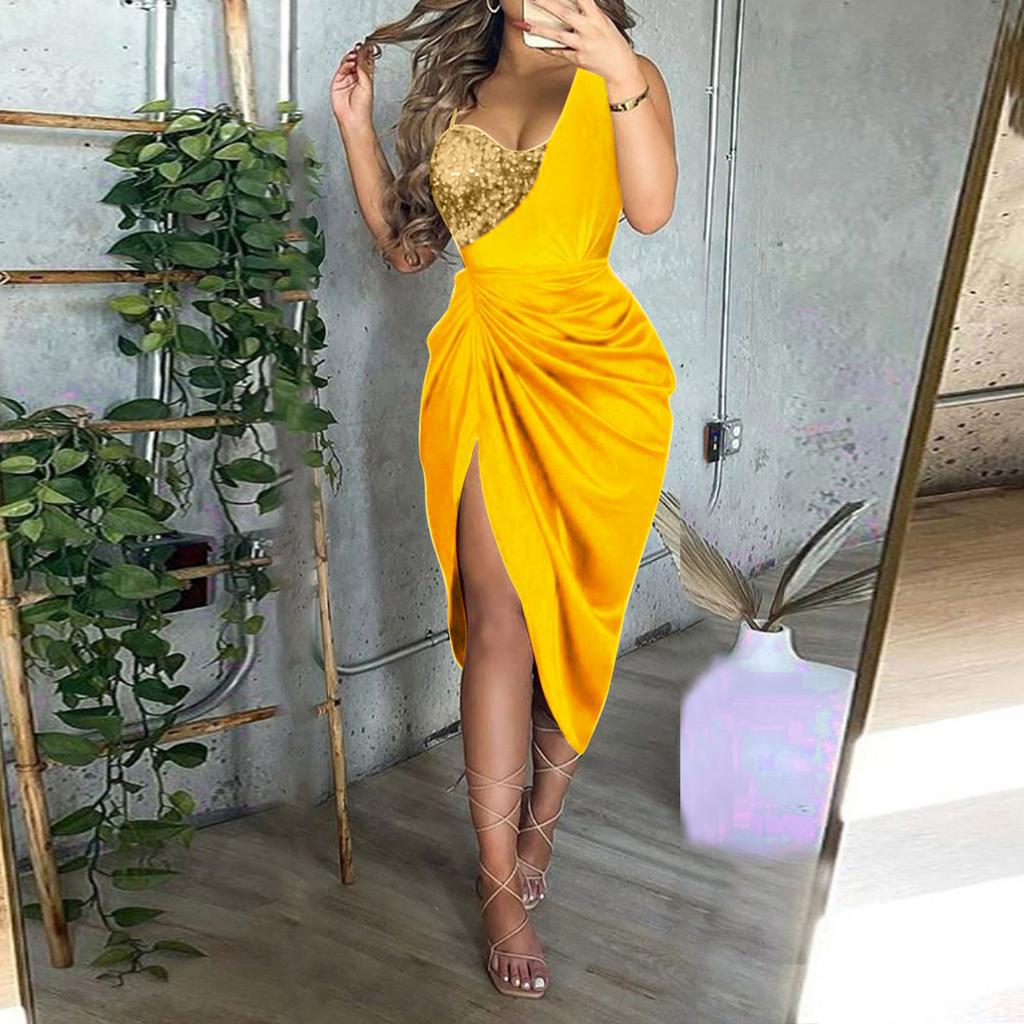 Split Pleated Single Shoulder Evening Dress