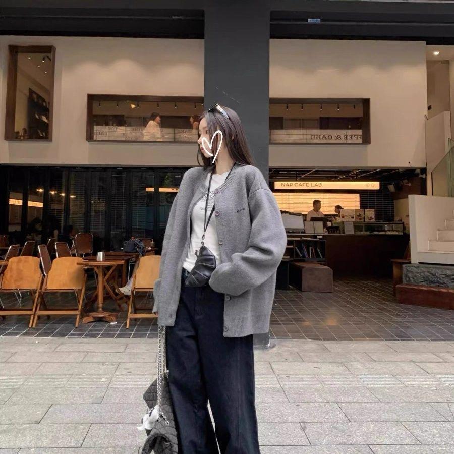 2025 Gray Embroidered Knit Cardigan Coat for Women - Autumn/Winter Loose, Thick, Relaxed Style