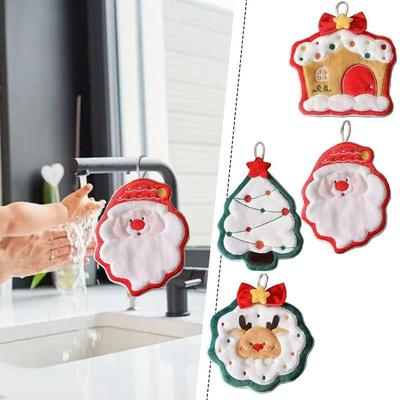 Christmas Hand Towels 2025 Elk Santa Tree Pattern Cleaning Cloth Coral Fleece Plush Towel Absorbent Hang Wipe Xmas Decor