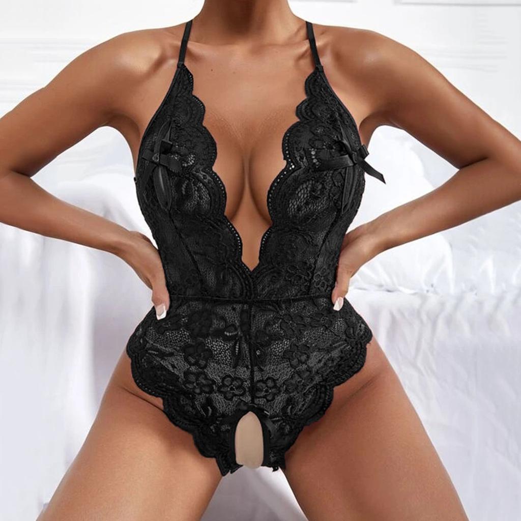 Women's Sexy Lace Hollow Out One-Piece Deep V Sexy Split Sexy Lingerie