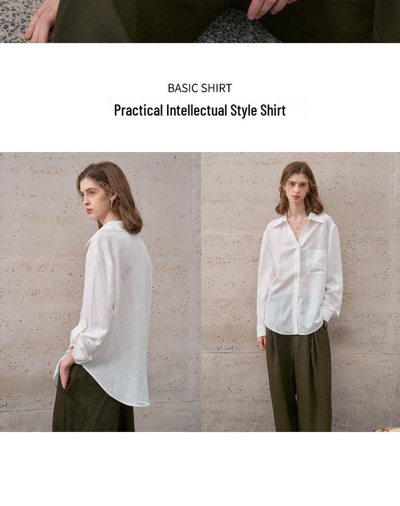 Women's Lightweight Pure Linen Long Sleeve Cardigan Shirt - Minimalist, Solid Color, Loose Fit, Summer Lapel Style