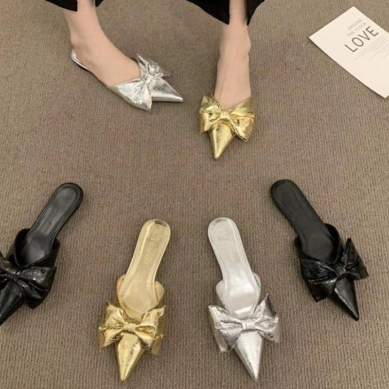 Fashion New Bowtie Mule Shoes Women Fashion Pointed Toe Stripe Wave Slip-on Sandals Ladies Luxury Satin Silk Outdoor Flat Slippers
