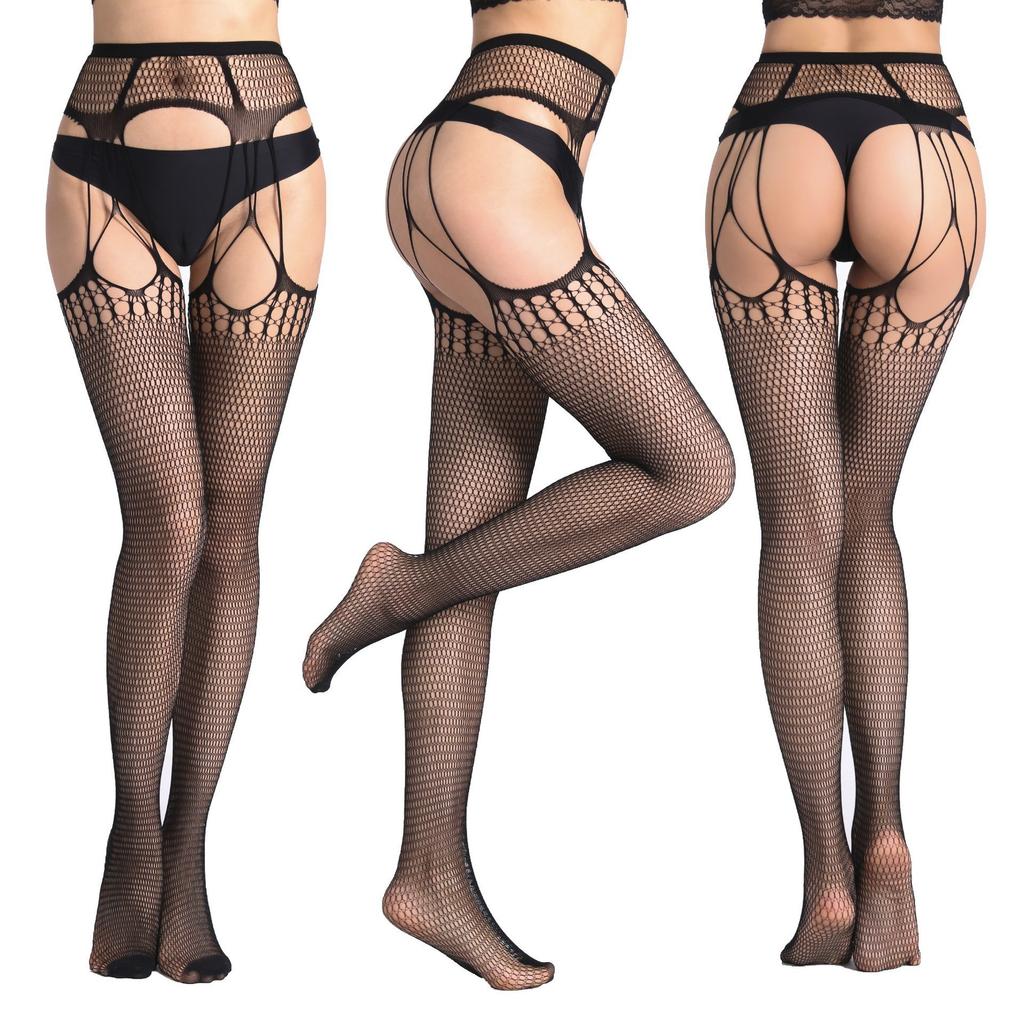 Four-Sided Open Suspenders, Pantyhose, Beautiful Legs, Elastic Fishing Net Socks, Hollow Cross Suspenders, Integrated Stockings, Small Grid