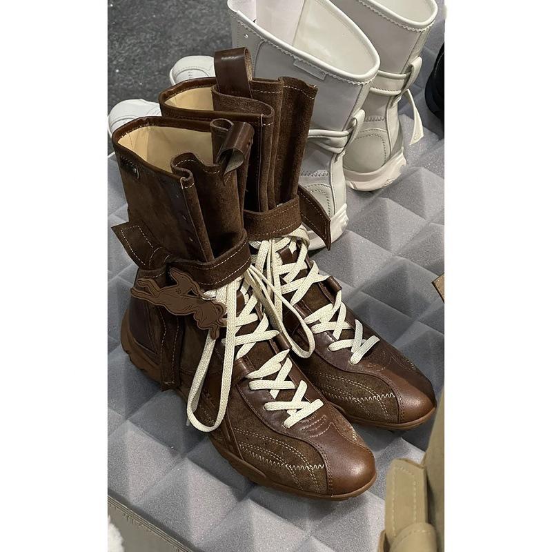 Cowhide version~ Flat bottom inner height increase leather Martin boots women's new boxing boots frosted leather lace-up short boots German training