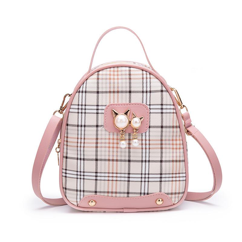 Ladies Scottish Plaid Small Backpack Autumn and Winter New Cat Pearl Mobile Phone Small Bag