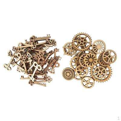 100 Stück ausgehöhlte SCHLÜSSEL- und ZAHNRAD-Holzverzierungen, DIY-Dekoration, Kunsthandwerk, Heimschönheitsverzierungen