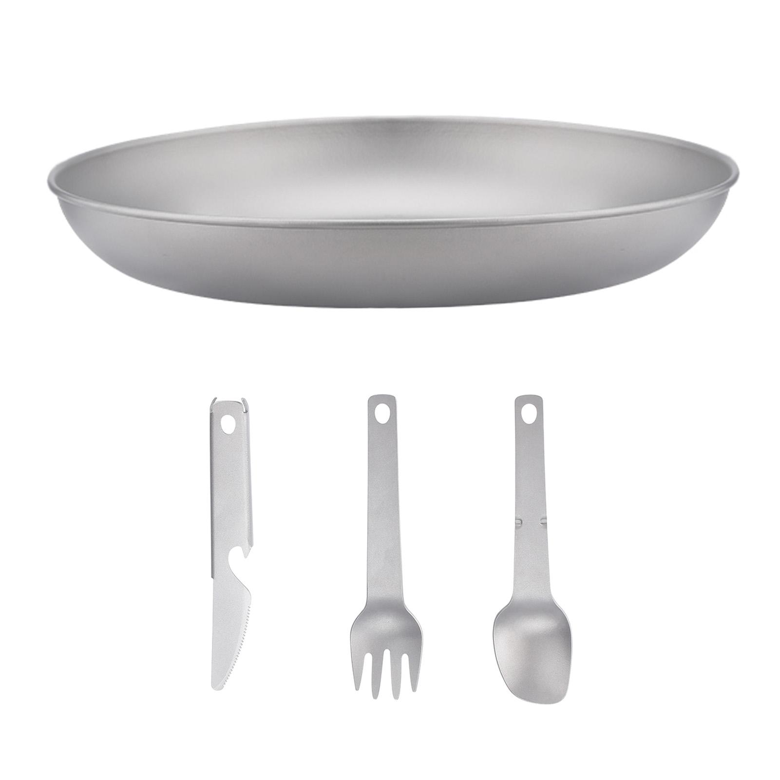 

Кемпинговая тарелка с 3 шт., комплект столовых приборов, титановая тарелка, тарелки для барбекю, металлические походные тарелки Sandblasting