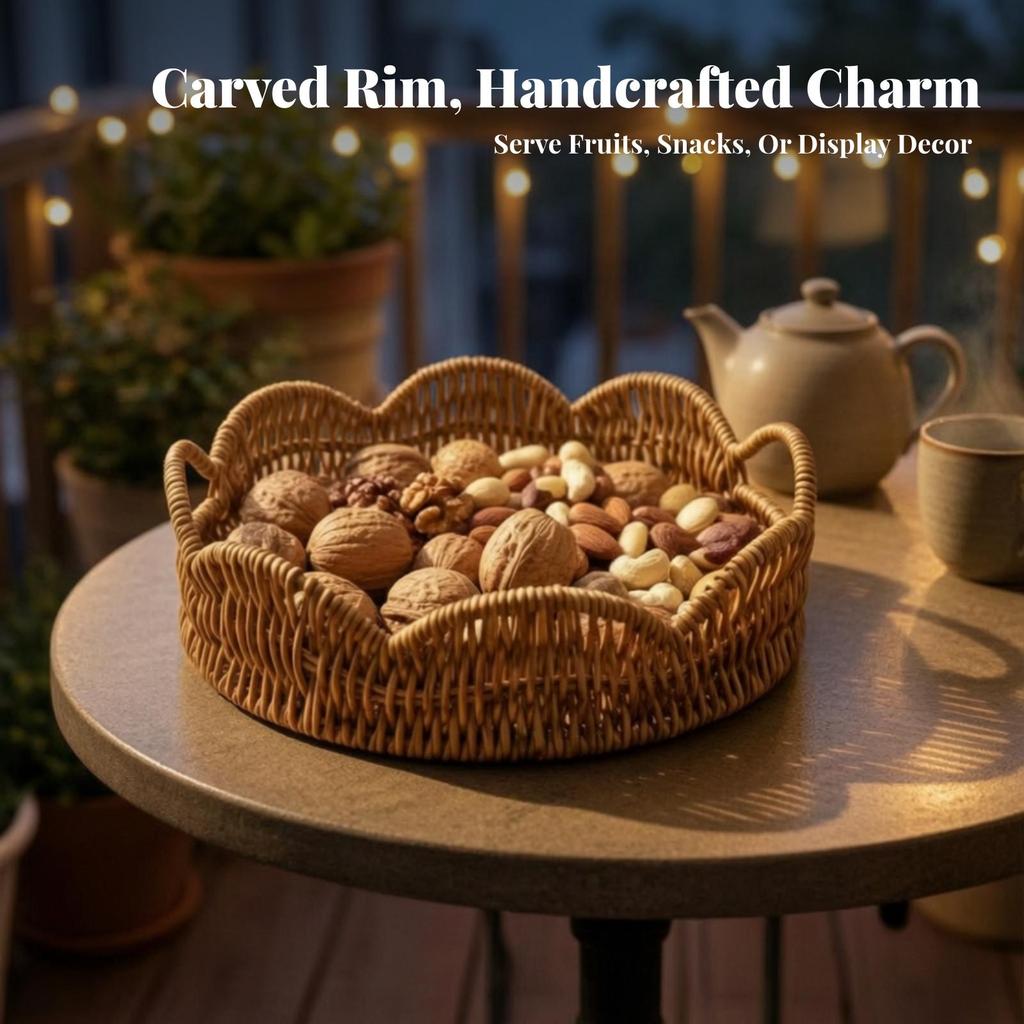 Lightweight Round Serving Tray | Woven with Handles, Decorative, Wicker