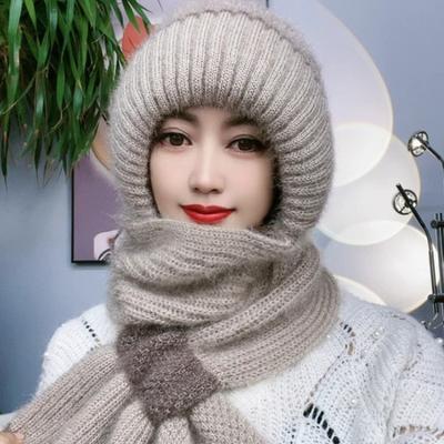 Fleece Knitted Snow Hat Winter Warm Neck Protection Ear Protection Headgear Hat Scarf Integrated Hat Women