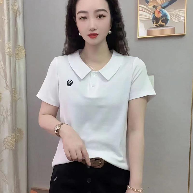 Chic Women's Cotton T-Shirt: Peter Pan Collar, Short Sleeve, Slimming Casual Summer Top