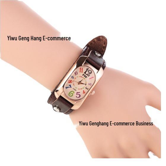 Trendy Men's Leather Belt Watch & Women's Colorful Numbers Quartz Wristwatch