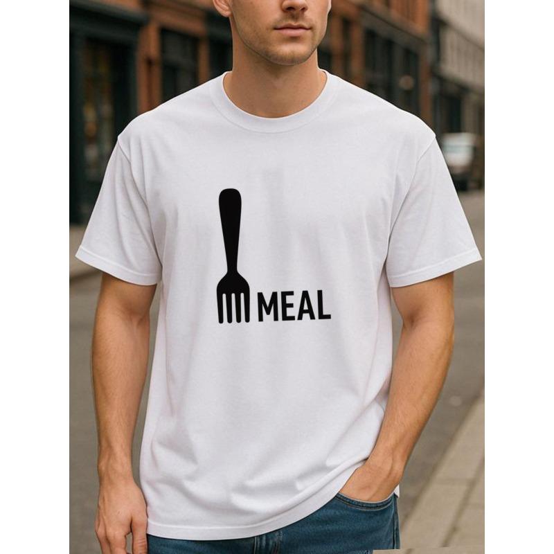 European Sizes Fork MEAL Text Print, Lightweight Round-neck Short-sleeved, Suitable for Daily and Home Wear, Patterned Printed Round-neck T-shirt