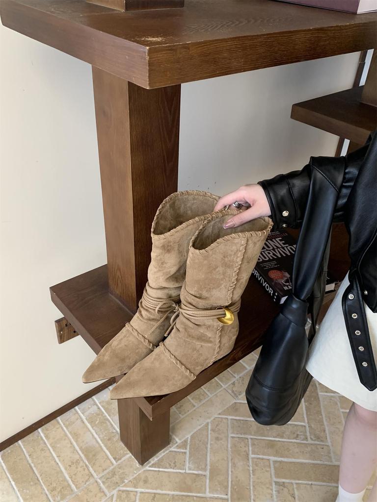 Inner Height Increasing Pointed Suede Skinny Medium Tube Knight Boots Women's Boots 2025 Fall Winter Western Cowboy Pile Boots