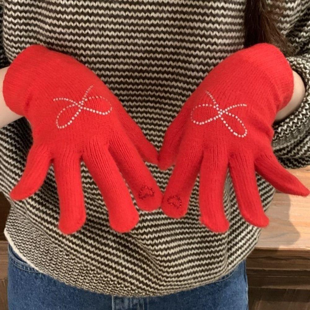 Warm Bow Rhinestone Gloves Thicken Winter Gloves Fashion Knitted Gloves  Girls