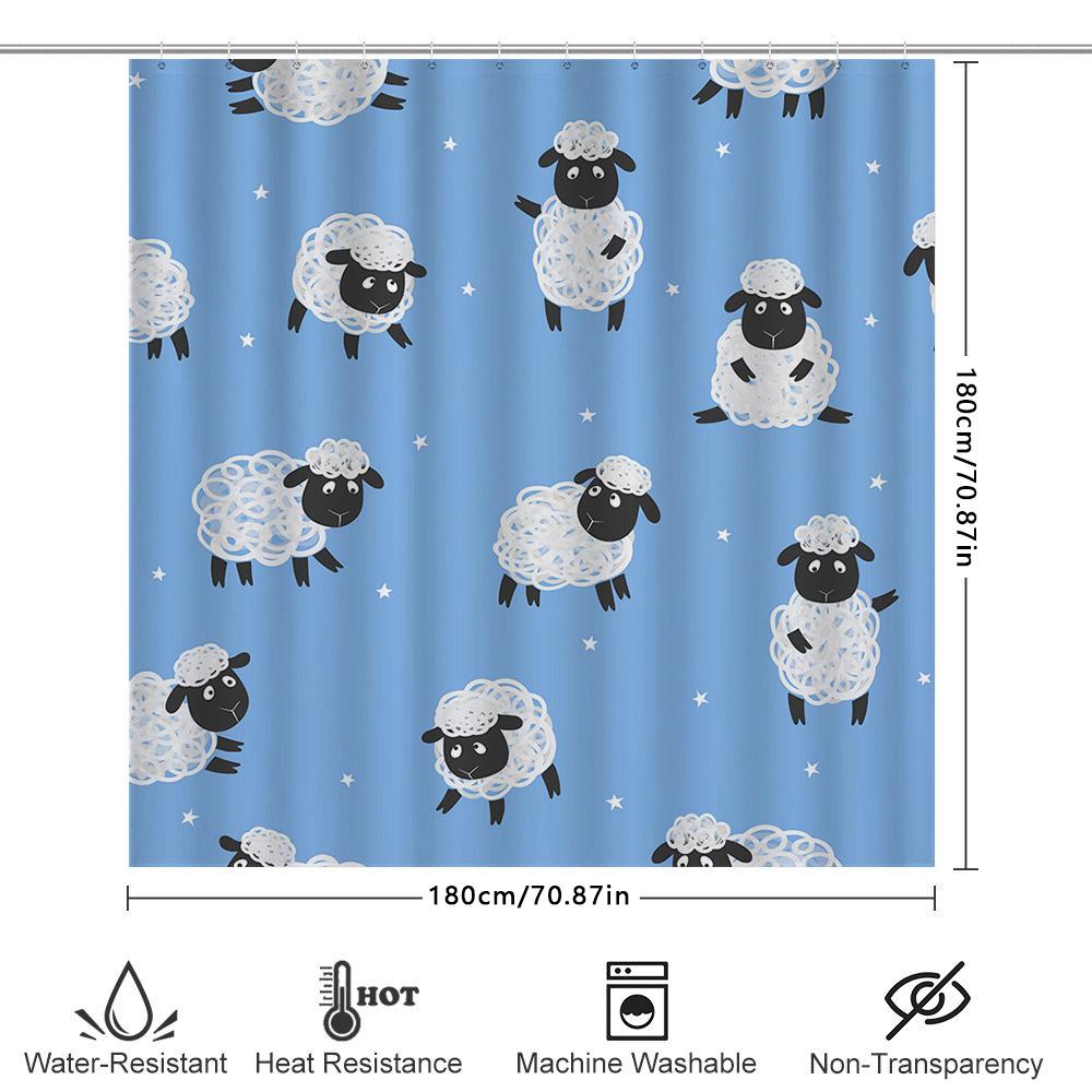 Adorable Sheep Pattern Shower Curtain Light Blue Background With White Clouds Design Perfect For Bathroom Decor Kids Bathrooms.