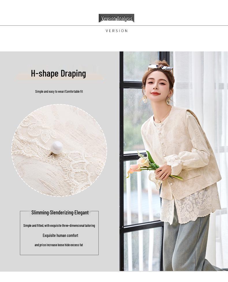Spring 2025 New Chinese Cotton-Linen Jacquard Vest and Lace Blouse Two-Piece Set