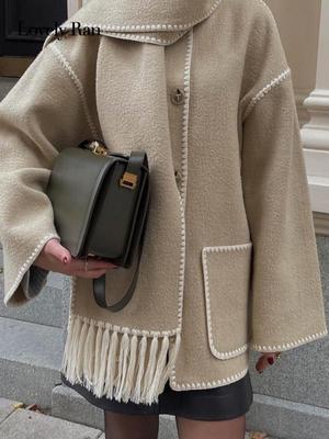 Woolen Jacket Women Autumn Patchwork Tassel Scarf Single Breasted Pocket Coats Casual Fashion Long Sleeve Loose Top Streetwear