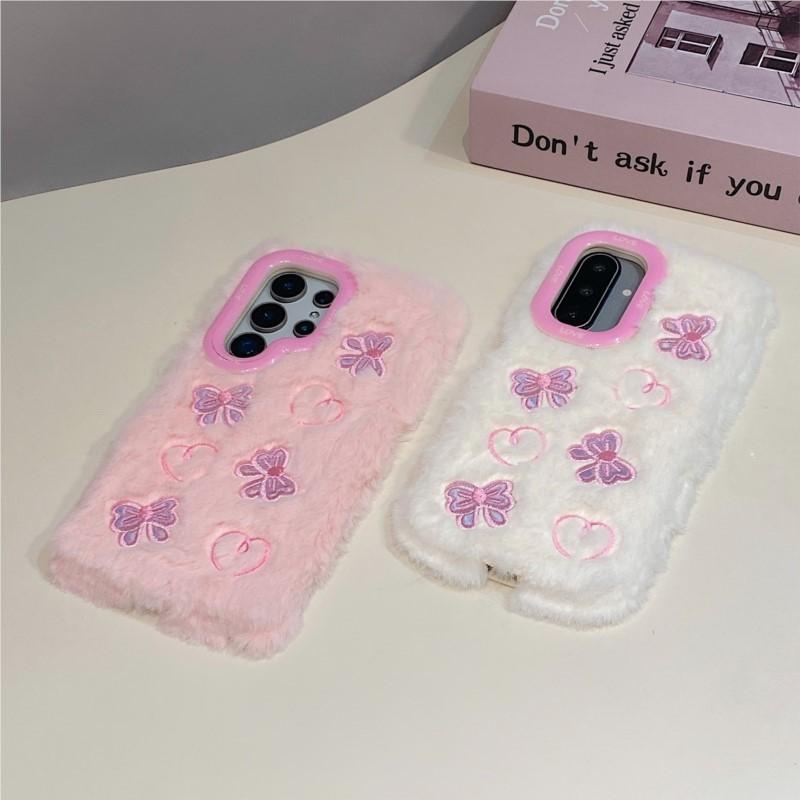 3D Plush Bow Love Fashion Phone Case For Galaxy S25 24 23 22 21 20 10 Ultra Plus S9 A23 06 26 35 36 A53 A54 A55 A56 Note 10 9 8 Case Girl Cute Winter