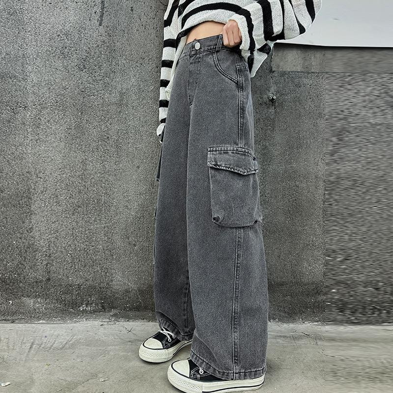 Pantalones vaqueros Cargo de pierna ancha para chicas adolescentes, moda de otoño, pantalones vaqueros informales para niños, pantalones rectos holgados para niños jóvenes de 15 años