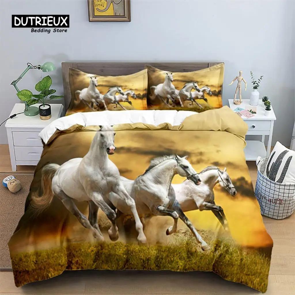 Horse Comforter Cover Set For Kids Toddler Farm Animal Pattern Bedding Set Boys Girls 3 Piece Farmhouse Cowboy Duvet Cover Set