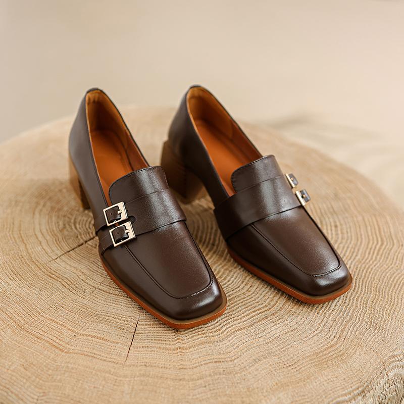 Fashion 2025 New Genuine Leather Women Shoes Fashion Square Toe Slip-On Shallow Pumps  Thick Heel Spring Shoes Women Zapatos De Mujer