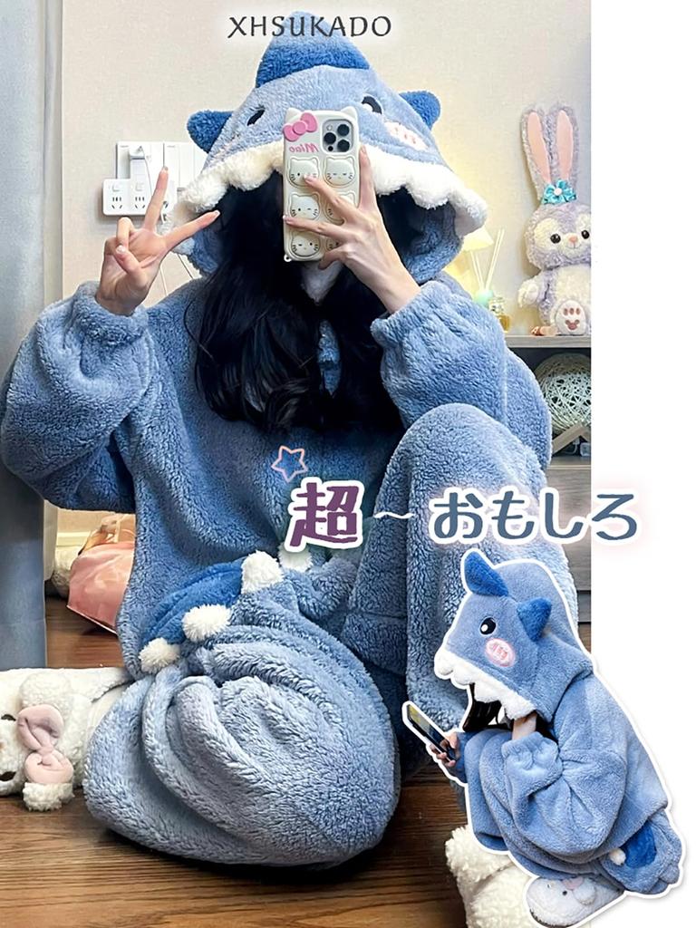 XHSUKADO Cute Shark Kigurumi Pajamas for Men and Women, Funny Tail, Gloves, Hooded, Fluffy, Warm, and Comfortable Loungewear, All-in-One, Blue, Size S