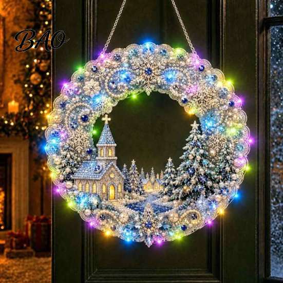 Seasonal Holiday Crafting Set Christmas Diamond Painting Wreath Kit with LED String Lights, Snowman Pearl Art Shiny Acrylic Craft for Adults,