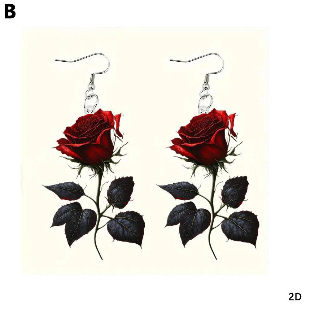 Fashion Acrylic 2D Flat Rose Earrings Romantic 2D Flat Rose Forest Flower Earrings Retro Art Style Earrings Jewelry Gifts