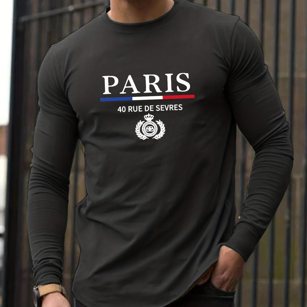 Men's Sports and Leisure Paris Pattern Printed Round Neck Long Sleeved T-shirt Top