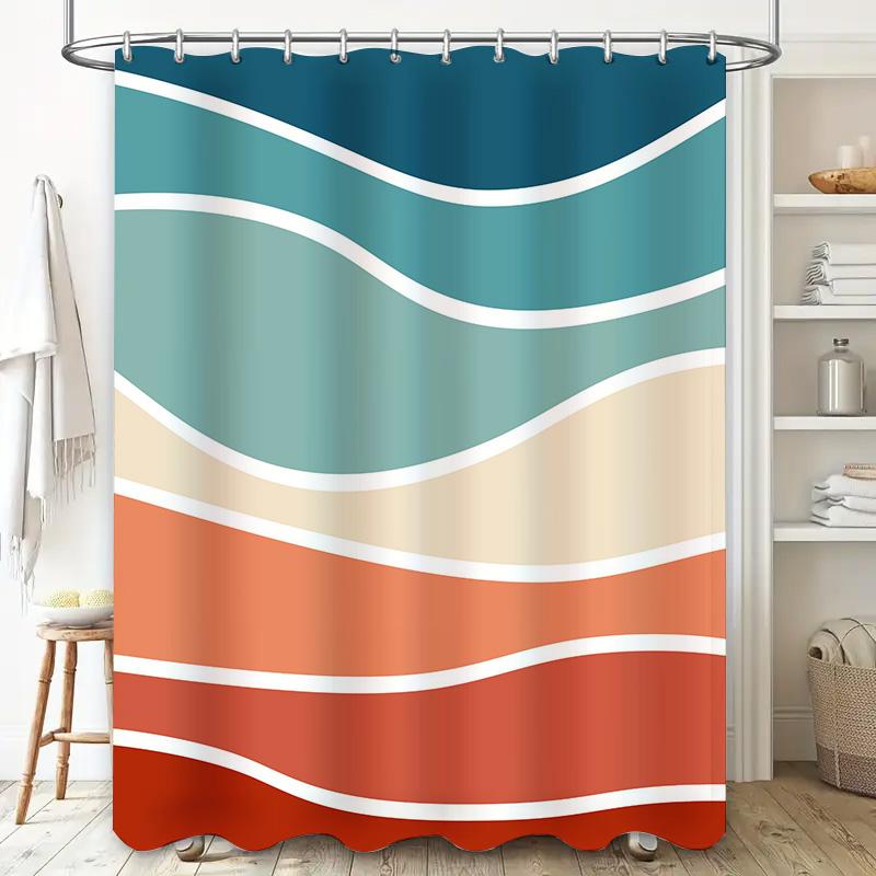 Modern Bathroom Decor: Wavy Pattern Shower Curtain Set In Soft Pastel Colors For Bathtub