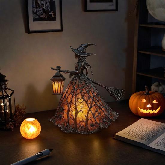 Halloweenská čarodějnická lampa Ručně vyráběná gotická malá vitrážová figurka čarodějnice s teplým světlem Stolní stojací noční světlo pro domácí polici Krbová římsa Dekor