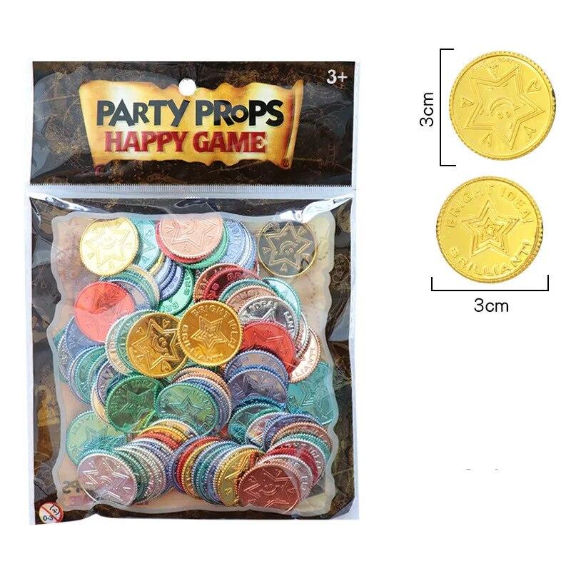 100pcs Christmas Event Game Treasure Pirate Gold Coin Seven Color Lucky Coin Wish Plastic Gold Coin Props for Wedding Party Deco