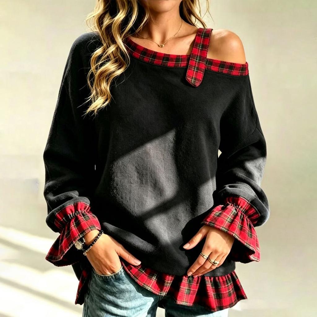 Women's One-Shoulder Plaid Patchwork Cuff and Hem Loose Fit Two-Piece Top