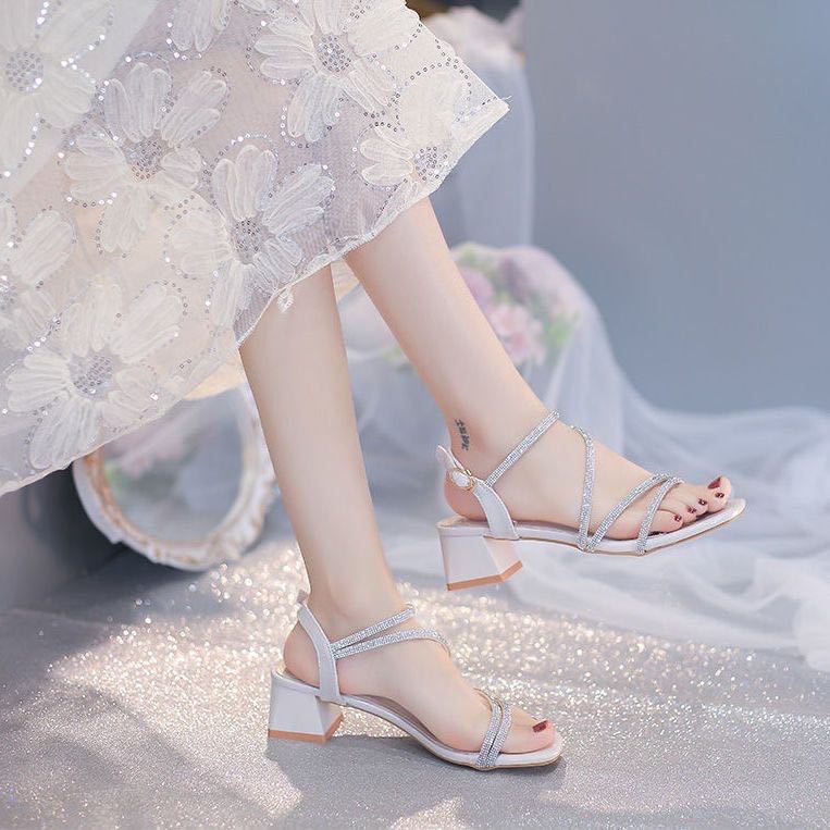 Small Fresh Thick Heel Sandals Fairy Style 2025 New Femininity Summer and Autumn Middle Heel Rhinestones with Skirt High Heels