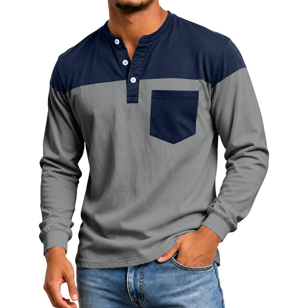 Men's Color Block Long Sleeve Shirt Casual Top for Spring and Fall