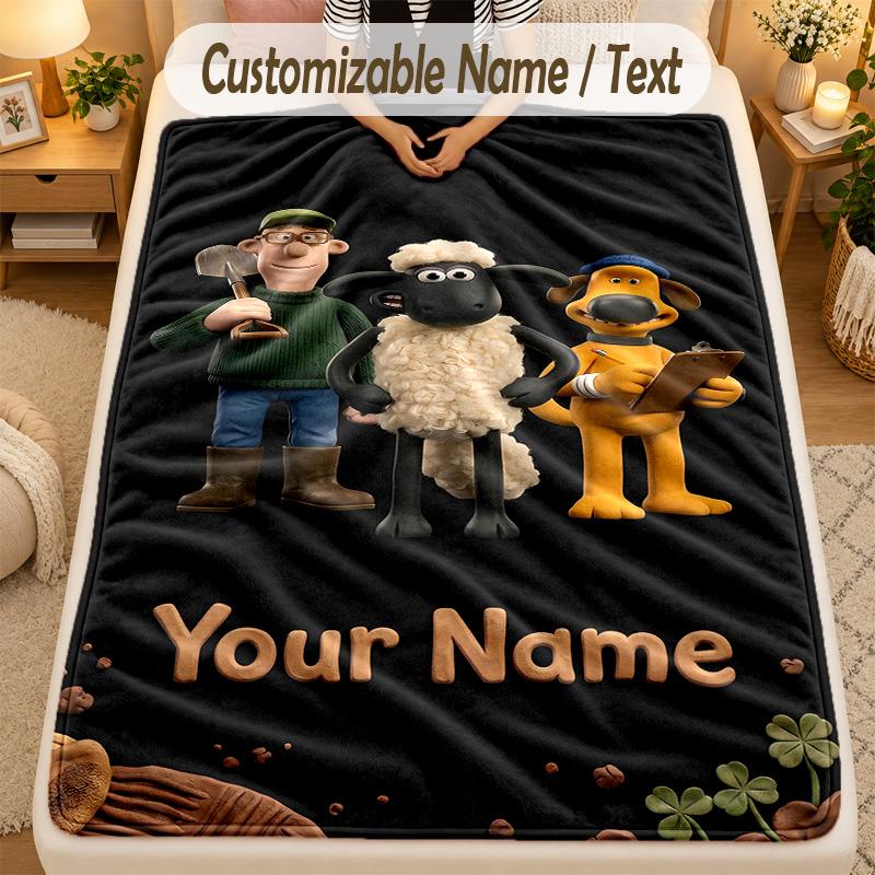Flannel BlanketShaun the Sheep Custom Name Text Personalized Soft Warm Throw Blanket Home Decor Gift